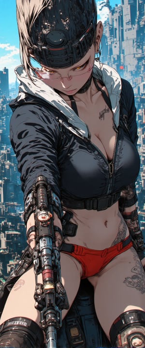 A Luminogram of An animated image of a Comic book style of cybernetic female, holding tactical assault rifle, tattoo, full body, porcelain face, intricate details, 2d, detailed action background, an android young woman with black fauxhawk haircut in a mind-reading device creates controversy, science fiction western, a virtual reality game with real-life consequences, a cyberpunk cartoon, The art style is sleek and polished, with clean, precise lines that contrast with the gritty world it portrays, it has a semi-realistic style, Each detail is sharp, from the smooth, reflective surfaces of cybernetic limbs to the crisp outlines. The overall look is refined, capturing a high-tech elegance amidst the dystopian backdrop, where every elementâfrom intricate machinery to flowing organic formsâis meticulously rendered with a sense of precision and understated sophistication. great care is taken to depict the young woman to have anatomically correct arms and hands,.
.glasses

,ct-biskitity,ct-kds,ct-chasartre,ct-abu,ct-voluptuous,ct-sensanime,momo,ct-skyzo2