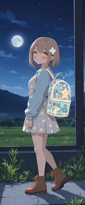 a medium-sized anime girl stands in front of a window(night). She is wearing a light-colored dress, adorned with a floral pattern, and a pair of brown boots with laces on them. Her hair is short, cascades over her shoulders, adding a touch of warmth to the scene. The girl's dress is adorned with small orange stars and a blue shirt with a white design on it, she is wearing a luminiscent and transparent cristal backpack,glowing. She stands on a concrete sidewalk, her left leg is crossed, and her right leg is slightly bent at the elbow. Her left foot is crossed at the knee, while her right foot is straight at the bottom. The backdrop is a vast expanse of grass, with a mountain in the distance. The sky is a deep blue, and the moon is setting, creating a soft glow.