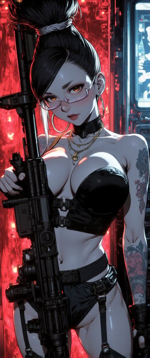 A Luminogram of An animated image of a Comic book style of cybernetic female, holding tactical assault rifle, tattoo, full body, porcelain face, intricate details, 2d, detailed action background, an android young woman with black fauxhawk haircut in a mind-reading device creates controversy, science fiction western, a virtual reality game with real-life consequences, a cyberpunk cartoon, The art style is sleek and polished, with clean, precise lines that contrast with the gritty world it portrays, it has a semi-realistic style, Each detail is sharp, from the smooth, reflective surfaces of cybernetic limbs to the crisp outlines. The overall look is refined, capturing a high-tech elegance amidst the dystopian backdrop, where every elementâfrom intricate machinery to flowing organic formsâis meticulously rendered with a sense of precision and understated sophistication. great care is taken to depict the young woman to have anatomically correct arms and hands,.
.glasses

,ct-biskitity,ct-kds,ct-chasartre,ct-abu,ct-voluptuous,ct-sensanime,momo,ct-skyzo2