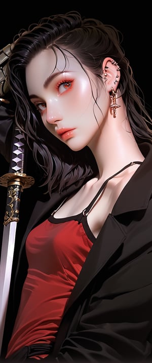 score_9, score_8_up, score_7_up, (sketch drawing),  (Misterious mood), beautiful young woman, side soft light, , highly detailed, masterpiece, upper body, finely detailed skin, perfect small breasts,(1girl, solo, looking at viewer, black hair, red eyes, holding, jewelry, jacket, weapon, earrings, sword, holding weapon, from side, black jacket, tattoo, holding sword, piercing, katana, red shirt, sheath, ear piercing, science fiction, sheathed, joints, mechanical arms, cyborg, single mechanical arm, prosthesis, cyberpunkc


), Fine art style,Expressiveh,portrait art,dark, ,concept art,B0ld01lp41nt,dark theme,charcoal \(medium\),photo_b00ster