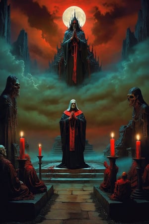 A dying depiction of a menacing cult priest in a dark, atmospheric setting, at the cult altar  bathed in moonlight, waiting to collect tormented souls, with blood dripping from their hands. chiarosaur, element of terror. Dark and moody, with hints of red to emphasize the presence of blood. By renowned artists such as H.R. Giger, Zdzisław Beksiński, and Brom. Resolution: 4k.,,aw0k euphoric style,detailmaster2,DonMn1ghtm4reXL