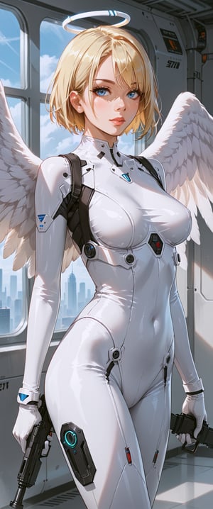 1girl, solo, breasts, looking at viewer, short hair, bangs, blue eyes, blonde hair, holding, medium breasts, closed mouth, weapon, wings, indoors, holding weapon, lips, gun, bodysuit, holding gun, feathered wings, skin tight, science fiction, angel wings, white wings, white bodysuit,score_9
