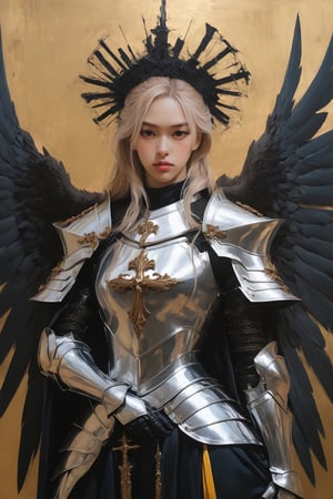 Realist portrait of Queen, beautiful face, cool vibes, goddess of genesis, masterpiece, painting darkly comedic precisionist, goddesscore armor, queen of sword, latex uniform, epic, ((Large Angle Wings)), aw0k magnstyle, danknis, sooyaaa, Anime , IMGFIX, niji style,sooyaaa,roses_are_rosie