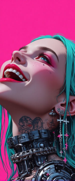 A futuristic young woman with an edgy, cyberpunk vibe gazes upward with a wide smile. Her face is adorned with a blend of human and robotic elements — her mouth revealing metallic teeth and mechanical components along her jawline and neck. Piercings and silver chains add to her alternative style, and large cross-shaped earrings dangle from her ears. Her tattooed neck merges into a metallic, cyborg-like structure, while her bright teal hair contrasts with the neon-pink background.
.,ct-colority