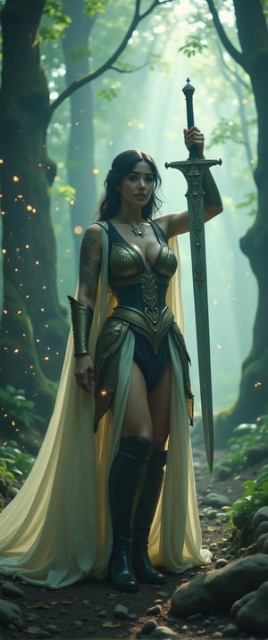 A majestic digital illustration! Depict an elf woman knight standing proudly, her slender frame illuminated by the soft glow of mist-shrouded surroundings. She holds aloft a colossal, radiant sword, its blade slicing through the fog like a beacon of hope. The chiaroscuro lighting casts dramatic shadows on her face, highlighting her determined gaze. In the background, sparks dance within the wispy veil, adding a touch of mystique to this medieval fantasy scene. With a shallow depth of field, the viewer's focus is drawn to the elf woman, as if she's about to charge into battle, her glowing sword leading the way.