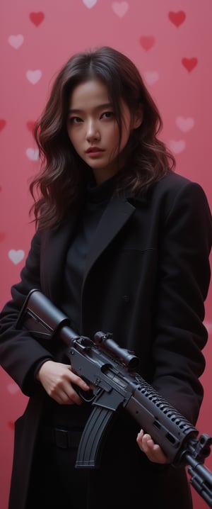 breathtaking ethereal RAW photo of female, ((best quality, 1girl, brown hair, long hair, black eyes, black sweater, black coat, ((ak-47, rifle, assault rifle, holding weapon)), pink background, smirk, looking away, blushing, hearts


 )), dark and moody style, perfect face, outstretched perfect hands. masterpiece, professional, award-winning, intricate details, ultra high detailed, 64k, dramatic light, volumetric light, dynamic lighting, Epic, splash art .. ), by james jean $, roby dwi antono $, ross tran $. francis bacon $, michal mraz $, adrian ghenie $, petra cortright $, gerhard richter $, takato yamamoto $, ashley wood, tense atmospheric, , , , sooyaaa,IMGFIX,Comic Book-Style,Movie Aesthetic,action shot,photo r3al ,bad quality image,oil painting, cinematic moviemaker style,Japan Vibes,H effect,koh_yunjung ,koh_yunjung,kwon-nara,sooyaaa,colorful,bones,skulls,armor,han-hyoju-xl
,DonMn1ghtm4reXL, ct-fujiii,ct-jeniiii, ct-goeuun,mad-cyberspace,FuturEvoLab-mecha,cinematic_grain_of_film,a frame of an animated film of,score_9,3D,style akirafilm,Wellington22A,Mina Tepes,lucia:_plume_(sinful_oath )_(punishing:_g,VAMPL, FANG-L ,kizuki_rei, ct-eujiiin,Jujutsu Kaisen Season 2 Anime Style,ChaHaeInSL,Mavelle,Uguisu Anko