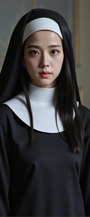 , Nun Characters, dutch angle, 1girl, dynamic angle, smile, closed mouth, tareme, beautiful eyes, mole under mouth, shiny hair, Depth of field, hdr, 8k, cinematic angle, cinematic lighting, [(vivid color background:1.1)::0.4], (Gradient Background:1.2), 4k, highly detailed, intricate, high resolution, illustration, incredibly absurdres, ultra detailed, masterpiece, best quality,ct-kbright,ct-vituajis