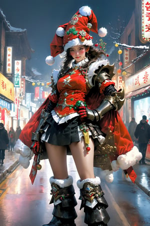 (Best quality,  8k,  realistic Masterpiece,  UHD:1.2),  centered,  detailed,  anatomically correct,  a beautiful korean,  (wearing santa claus mecha armor,  ,  (happy and seductive),  knee up photo,  ,  ),  and gems,  santa armor boots,  armor,  contrast colored embroidery adorned,  parade  Christmas  night street,,,,sooyaaa,horror