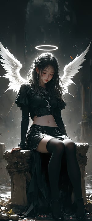 1girl, solo, long hair, skirt, black hair, thighhighs, gloves, navel, jewelry, sitting, closed eyes, earrings, wings, midriff, black thighhighs, necklace, petals, chain, halo, angel wings, angel
 real,realistic,real_life,chiarosaurio,dal-27,dal-1,ct-virtual