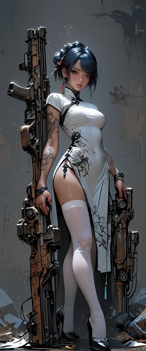 1girl, solo, breasts, looking at viewer, short hair, black hair, thighhighs, gloves, dress, holding, medium breasts, green eyes, blue hair, standing, full body, weapon, earrings, elbow gloves, dark skin, holding weapon, white thighhighs, dark-skinned female, gun, tattoo, chinese clothes, holding gun, china dress, pelvic curtain, rifle,realistic,korean