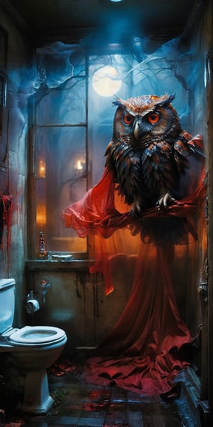a tormented  ghost taking a bath in the washroom, and an owl watching him through the window in a dark, atmospheric setting, . chiarosaur, element of terror. Dark and moody, with hints of red to emphasize the presence of blood. By renowned artists such as H.R. Giger, Zdzisław Beksiński, and Brom. Resolution: 4k.,sooyaaa,aw0k euphoric style,detailmaster2,DonMn1ghtm4reXL,xxmixgirl,FilmGirl,ghost,transparent,xxmix_girl,rosy