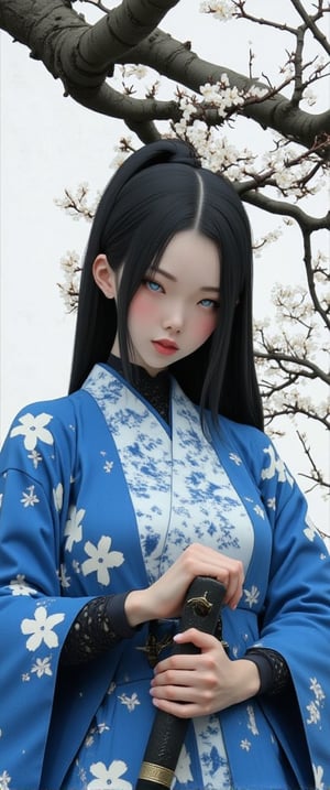 A 70mm lens captures aa medium-sized Asian woman, dressed in a blue kimono, adorned with white flowers, stands in front of a backdrop of a tree branch with white blooms. The woman's hair is styled in a sleek, straight line, and her eyes are a piercing blue. She is holding a black sword in her right hand, adding a touch of contrast to her outfit. The backdrop is a stark white wall, creating a stark contrast to the woman's outfit.,ct-jennie