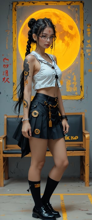 A solo android, dressed in a striking white serafuku, sits confidently on a sofa amidst a vibrant yellow neon advertisement reading CTMAKER. Her long black hair flows down her back like a dark waterfall, framing her face with bangs. A katana's sheath is held by her mechanical arm, adorned with a tattoo. The rest of her body is clad in a black school uniform skirt with sailor collar, complete with earrings and glasses. Dark piercing eyes seem to bore into the viewer from a side view, as neon ads and reflections dance across the grey background, casting an otherworldly glow on this cyberpunk vision.