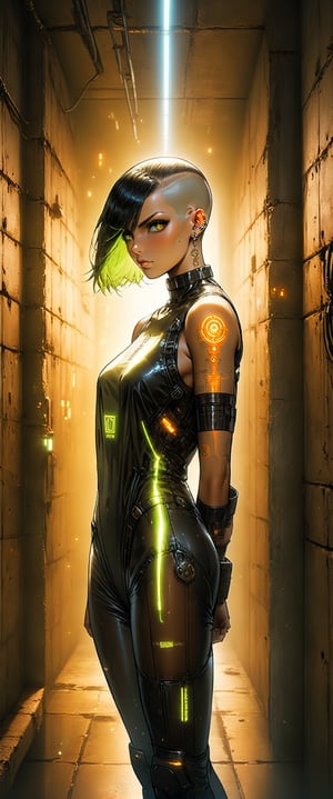 In a dimly lit, cyberpunk jail cell, a raw and edgy woman, 30 years old, with a shaved head  haircut, strikes a bold model pose amidst the stark concrete walls. Her orange-lit cybernanotech face glows with luminous implants, and her skin features a hologram tattoo designed by Mike Mingola (). The air is thick with absurdes tension as she gazes out with an intensity that's both bad and mesmerizing.