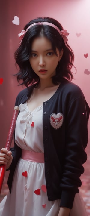 breathtaking ethereal RAW photo of female, ((best quality, 1girl, black hair, hair ornament, hairclip, black eyes, short hair, , black cardigan, cardigan, white dress, red ribbon, , angry,holding baseball bat, baseball bat, blushing, looking at viewer, hearts, sparkles, pink background, 5 fingers, perfect hands



 )), dark and moody style, perfect face, outstretched perfect hands. masterpiece, professional, award-winning, intricate details, ultra high detailed, 64k, dramatic light, volumetric light, dynamic lighting, Epic, splash art .. ), by james jean $, roby dwi antono $, ross tran $. francis bacon $, michal mraz $, adrian ghenie $, petra cortright $, gerhard richter $, takato yamamoto $, ashley wood, tense atmospheric, , , , sooyaaa,IMGFIX,Comic Book-Style,Movie Aesthetic,action shot,photo r3al ,bad quality image,oil painting, cinematic moviemaker style,Japan Vibes,H effect,koh_yunjung ,koh_yunjung,kwon-nara,sooyaaa,colorful,bones,skulls,armor,han-hyoju-xl
,DonMn1ghtm4reXL, ct-fujiii,ct-jeniiii, ct-goeuun,mad-cyberspace,FuturEvoLab-mecha,cinematic_grain_of_film,a frame of an animated film of,score_9,3D,style akirafilm,Wellington22A,Mina Tepes,lucia:_plume_(sinful_oath )_(punishing:_g,VAMPL, FANG-L ,kizuki_rei, ct-eujiiin,Jujutsu Kaisen Season 2 Anime Style,ChaHaeInSL,Mavelle,Uguisu Anko,Zenko