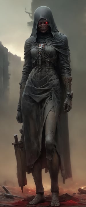 masterpiece, biomechanical legs, combat nun warriror, angry ,, stands arms on hips, red hood, combat ready in an dusty city post apocaliptic ruins, covered in dust, antion shot, movie still, volumetric light, dark and moody style, tense athmosfere, intrincate details, ultra high detallieded, Shattered Armor, rainy, mud,digital artwork by Beksinski