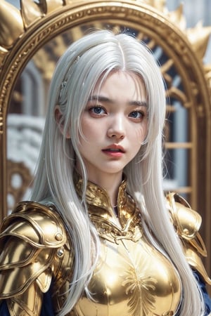 (WHite hair girl in Golden armor:1.5), sexy Warriors, (full body), masterpiece , best quality , ultra detailed , "detailed background" , perfect shading , high contrast , best illumination , extremely detailed , ray tracing , realistic lighting effects , (beautiful detailed face , beautiful detailed symmetrical eyes:1.5) , one woman , full lips , light smile , longt-hair , long_white-silver_hair, best lighting , full_length_portrait, dragon lying_behind background, ,Dragon,YeaJi Seo,bibilorashy,kimtaeri