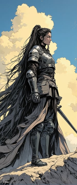 A lone warrior stands tall, her long black hair flowing down her back like a dark waterfall. She wears full-body armor, adorned with shoulder guards and a flowing cape that billows behind her. Her slender fingers grasp a weapon at the ready, as she poses confidently in front of a bright, cloud-filled sky. The lines are clean and bold, reminiscent of traditional anime and manga styles, with a dash of Kawanabe Kyosai's elegance.