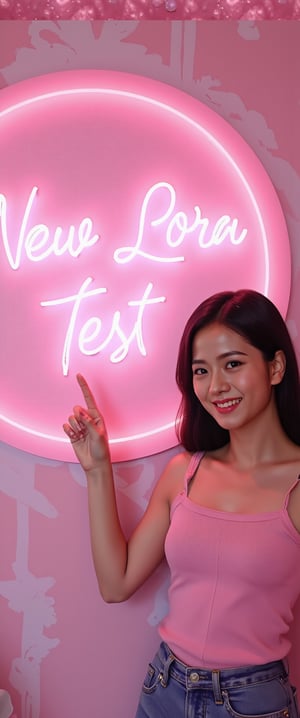 A very beautiful woman is pointing at the viewer and smiling, pointing at a large neon sign that says "New Lora Test". The background is cute with light tones in a Japanese style. Detailed texture, high quality, high resolution, high precision, realism, color correction, good lighting settings, harmonious composition, Behance work, watercolor, text, the text is "",ct-kjbp