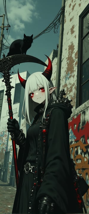 
    A hauntingly beautiful scene unfolds before us: a woman (( half-demon woman with striking features: red eyes, white hair, and double red horns on a mature face, donning elf ears. She is posing with a sly smile, holding the reaper scythe)) and a dramatic black coat stands resolute in front of a decrepit building, its weathered walls adorned with vibrant graffiti. The atmosphere is somber, lit by the diffused light of a cloudy day. To her left, a black cat surveys its surroundings from atop a utility pole, as if observing the woman's solemn posture. The muted blue sky and smoggy haze add depth to the composition, while the rustic charm of the graffiti-covered building provides a poignant contrast to the woman's somber demeanor.,n30nfilm,ct-physmstyle,flmft photo style,Kodak Vision3 500T analog film stocks style,Polaroidx,detailerlora,ek_an1_b00ster,ct-skyzo_identity,ct-anitity