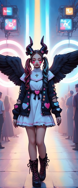 Here is the prompt:

A serene angelic nun stands amidst a vortex of volumetric and chiaroscuro lighting, her big power armor-clad physique radiating an aura of strength. Her helmeted head gazes downwards, her eyes closed in deep contemplation. Twin black wings with red trim unfold from behind, their intricate details illuminated by [glow]. A pastel-streaked pigtails adorned with bows and clips frame her face, while makeup features glitter and heart-shaped stickers. The surrounding environment is a vibrant Harajuku street, blending sweetness with a rebellious edge. The subject's outfit consists of a distressed pastel dress with lace, an oversized torn cardigan, chunky Combat boots, and solid lenses. A faint hint of darkness and light erodes the frame, setting the tone for this ultra-cute, grunge fashion-inspired portrait.