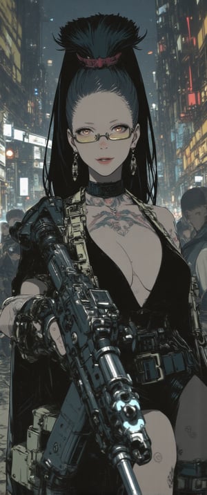 A Luminogram of An animated image of a Comic book style of cybernetic female, holding tactical assault rifle, tattoo, full body, porcelain face, intricate details, 2d, detailed action background, an android young woman with black fauxhawk haircut in a mind-reading device creates controversy, science fiction western, a virtual reality game with real-life consequences, a cyberpunk cartoon, The art style is sleek and polished, with clean, precise lines that contrast with the gritty world it portrays, it has a semi-realistic style, Each detail is sharp, from the smooth, reflective surfaces of cybernetic limbs to the crisp outlines. The overall look is refined, capturing a high-tech elegance amidst the dystopian backdrop, where every elementâfrom intricate machinery to flowing organic formsâis meticulously rendered with a sense of precision and understated sophistication. great care is taken to depict the young woman to have anatomically correct arms and hands,.
.glasses

,ct-biskitity,ct-kds,ct-chasartre,ct-abu,ct-voluptuous,ct-sensanime,momo,ct-skyzo2