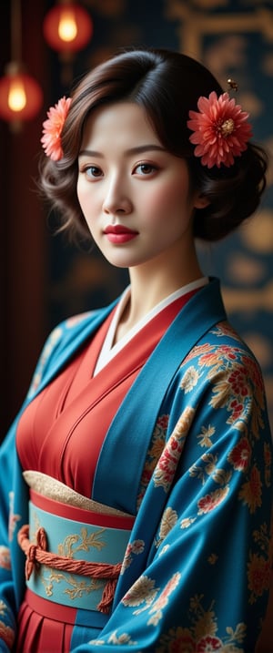 a woman dressed in a traditional Japanese kimono, adorned with a blue robe and a red dress. Her hair is styled in a wavy bob, and she is adorned with two flowers in her hair, adding a touch of beauty to the scene. The backdrop is blurred, creating a stark contrast to the woman's outfit..,ct-vituajis,ct-arix,detailerlora,intricate portrait,ct-muun