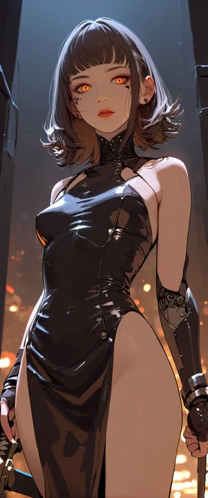A sultry, smoke-filled club scene unfolds: a cyborg femme fatale, 1girl, solo and unapologetic, gazes directly at the viewer, her orange eyes piercing through the dim lighting as she holds a katana sword with a bandaged sheath, its curves complemented by her armor-plated shoulders and shoulder spikes. Her bangs frame her striking features beneath an oni mask, while her fingerless gloves and high-heeled skirt hint at hidden danger.
