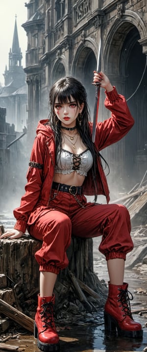  (((by John Collier, John William Waterhouse, pinup style, silver, gold), perfect anatomy, , , 1girl, solo, long hair, breasts, looking at viewer, bangs, black hair, red eyes, long sleeves, navel, holding, jewelry, very long hair, jacket, full body, weapon, earrings, boots, outdoors, open clothes, choker, midriff, belt, pants, hood, blunt bangs, nail polish, holding weapon, collar, open jacket, lips, blood, makeup, chain, facial mark, squatting, ring, knife, building, red footwear, black nails, hooded jacket, red jacket, cross-laced footwear, hood up, hoop earrings, lace-up boots, red lips, holding knife, red pants), dark and moody style, perfect face, outstretched perfect hands. masterpiece, professional, award-winning, intricate details, ultra high detailed, 64k, dramatic light, volumetric light, dynamic lighting, Epic, splash art .. ),dal