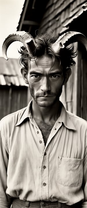 horned demon wearing
buttoned shirt
standing in front of barn
in great depression photo
by Dorothea Lange