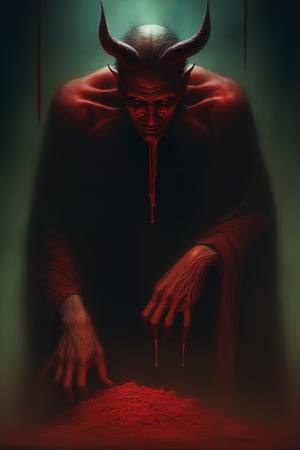 A chilling depiction of a menacing the devil   in a dark and atmospheric setting, with blood dripping from his hands. The artwork should be highly detailed and realistic, utilizing dynamic lighting and shadows to enhance the horror element. The color palette should be dark and moody, with hints of red to emphasize the presence of blood. By renowned artists such as H.R. Giger, Zdzisław Beksiński, and Brom. Resolution: 4k.,,aw0k euphoric style,EpicSky,P1980,xxmixgirl,FilmGirl,Niji Slime,Dark_Fantasy_Style