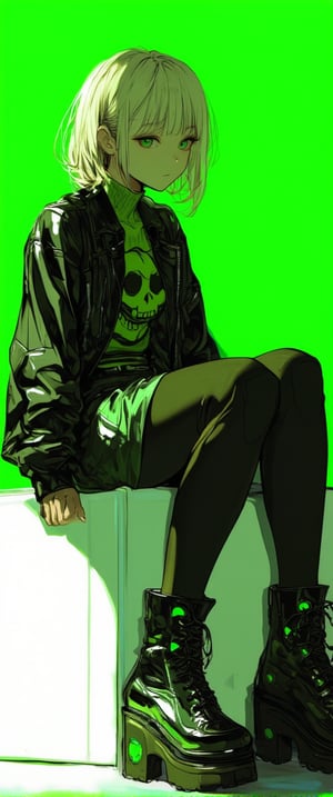 Aa medium-sized animated woman with blonde hair and green eyes sits on a white surface. he is dressed in a black outfit with a green skull on her chest. The outfit is adorned with black and green accents, including a black leather jacket, black boots, and a green skirt. Her boots are adorned with green circles, adding a pop of color to the scene. The background is a vibrant green, creating a striking contrast ..,ct-identityV2,ct-anime55,ct-skyzo_identity