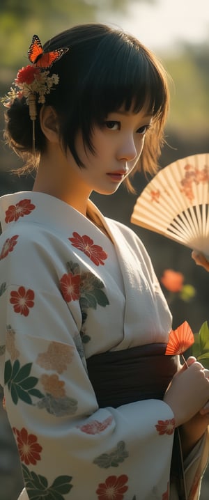 1girl, solo, looking at viewer, short hair, bangs, black hair, hair ornament, long sleeves, holding, brown eyes, closed mouth, standing, flower, sidelocks, cowboy shot, outdoors, parted lips, japanese clothes, day, hair flower, wide sleeves, kimono, blurry, from side, lips, looking to the side, sash, depth of field, blurry background, obi, floral print, bug, fire, red flower, butterfly, hand fan, backlighting, arm at side, yukata, print kimono, holding fan, black kimono, paper fan, 1girl, solo, looking at viewer, short hair, bangs, black hair, hair ornament, long sleeves, holding, brown eyes, closed mouth, standing, flower, sidelocks, cowboy shot, outdoors, parted lips, japanese clothes, day, hair flower, wide sleeves, kimono, blurry, from side, lips, looking to the side, sash, depth of field, blurry background, obi, floral print, bug, fire, red flower, butterfly, hand fan, backlighting, arm at side, yukata, print kimono, holding fan, black kimono, paper fan, cherry_blossom



,More Reasonable Details