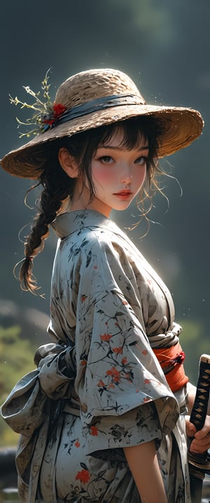 1girl, solo, long hair, looking at viewer, brown hair, black hair, hat, holding, brown eyes, standing, weapon, ass, braid, cowboy shot, japanese clothes, looking back, sword, kimono, holding weapon, blurry, twin braids, lips, see-through, sash, depth of field, blurry background, holding sword, katana, sheath, sheathed

 real,realistic,real_life,chiarosaurio,dal-27,dal-1,ct-virtual