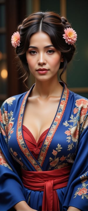 a woman dressed in a traditional Japanese kimono, adorned with a blue robe and a red dress. Her hair is styled in a wavy bob, and she is adorned with two flowers in her hair, adding a touch of beauty to the scene. The backdrop is blurred, creating a stark contrast to the woman's outfit..,ct-vituajis,ct-arix,detailerlora,intricate portrait