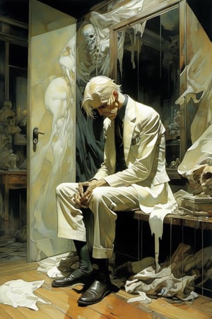 art by Masamune Shirow, art by J.C. Leyendecker, a dark masterpiece, stunning beauty, hyper-realistic dark horror oil painting, A lonely man, lost in the gloom of an abandoned room, his hopeless eyes reflecting the weight of countless shed tears. Around him, distorted and twisted shadows seem to lurk, as if sadness itself were manifesting in monstrous forms. The atmosphere is charged with a deep and oppressive sorrow, as if the sadness had taken shape in living nightmares. The sinister whispers of pain pierce the darkness, and the man finds himself trapped in an abyss of despair, where his anguish and loneliness are the only companions in this macabre world, ,monster,detailmaster2,beyond_the_black_rainbow