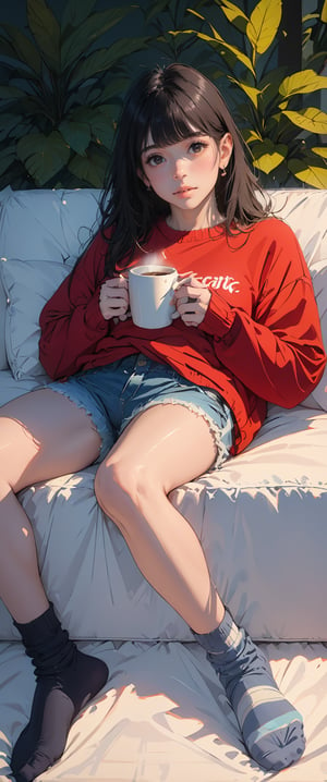 1girl, solo, long hair, looking at viewer, bangs, black hair, long sleeves, holding, brown eyes, jewelry, sitting, earrings, shorts, socks, striped, indoors, signature, spread legs, sweater, cup, lips, sleeves past wrists, short shorts, no shoes, denim, couch, holding cup, clothes writing, blue shorts, denim shorts, mug, realistic, on couch, reclining, red sweater, striped socks