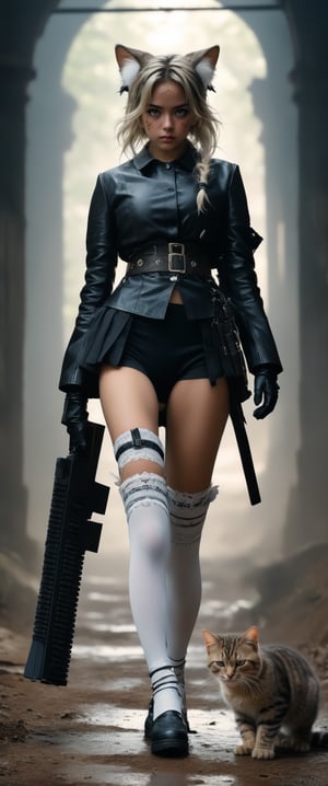 (ultra realistic,32k, masterpiece:1.2),(high detailed skin:1.1),( high quality:1.1), (masterpiece, best quality), best quality, masterpiece, photorealistic, ultrarealistic, professional photograph shot on Canon EOS R6, 80mm, 1girl, solo, thighhighs, gloves, holding, animal ears, tail, weapon, ahoge, white hair, belt, cat ears, gun, handgun, dual wielding,score_9 ,ArgazXL

, ct-goeuun,tsushima leopard cat \(kemono friends\)