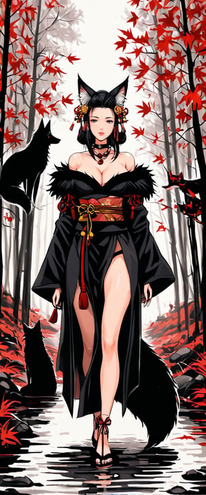 Tekeli, black fox ears, animal ear fluff, black fox tail, black hair, red inner hair, hair ornament, magatama necklace, fur trim, black short kimono, exquisite design, cat_collar, off-shoulder, cleavage, wide sleeves, long sleeves, obi, miniskirt, perfect busty model body, a 17-years-old ethereal and glamorously beautiful girl, walking in a forest, autumn, red maple leaves, pencil sketch, perfect detail, intricate detail, masterpiece, best quality, beauty & aesthetic, charcoal \(medium\)
