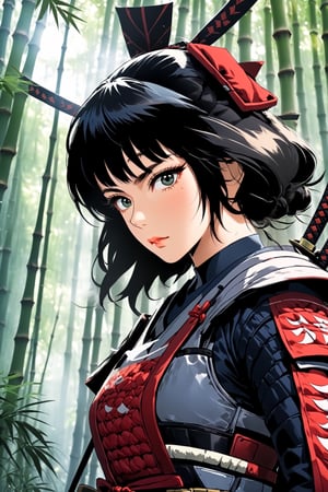 poster of a sexy woman  [samurai]  in a  [bambu forest ], midnight , eye angle view, designed by mike mingola,aw0k nsfwfactory,aw0k magnstyle,danknis,sooyaaa,Anime ,cyborg style