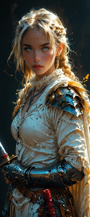 1girl, solo, long hair, breasts, looking at viewer, blue eyes, holding, jewelry, closed mouth, standing, yellow eyes, weapon, braid, white hair, cowboy shot, earrings, belt, sword, necklace, cape, holding weapon, armor, single braid, heterochromia, holding sword, cross, shoulder armor, gauntlets, side braid, pauldrons, knight, chainmail, plate armor