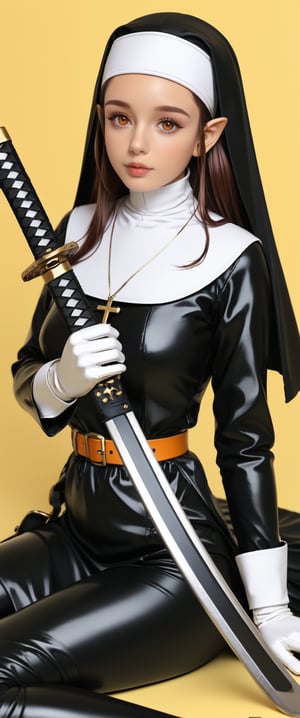 1girl,sexy,latex, thight,  solo, long hair, looking at viewer, , simple background, gloves, long sleeves, sitting, closed mouth, weapon, pointy ears, belt, sword, orange eyes, wariza, katana, sheath, yellow background, pouch, sheathed, orange background, nun, habit, scabbard, weapon on back, irreverent, sensual, escote, muy apretado, medias altas,s3nchi,ch0wb13nun,Nun