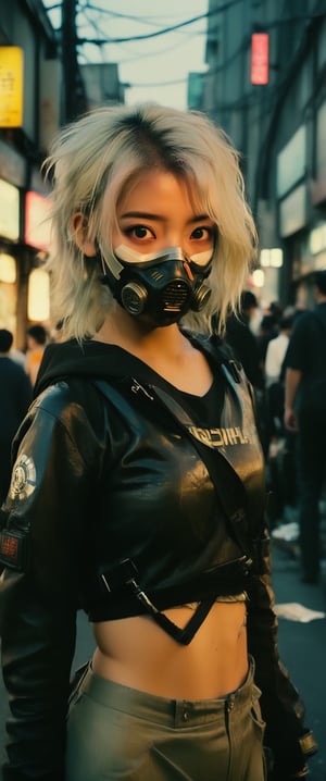 1 young and beautiful girl:1.2)), absurdres, (8k, best quality, masterpiece:1.2), professional photography, dramatic light, (finely detailed face:1.2),(((,There is a woman with white hair and  a gas mask  on the street, post apocalyptic Tokyo, set in post apocalyptic Tokyo, gloomy apocalyptic style, cyberpunk photo, anime style mixed with Fujifilm, Cyberpunk Hiroshima, hyperrealistic cyberpunk style, cyberpunk streetwear, cyberpunk grunge, en cyberpunk aesthetic, cyberpunk streets in japan, in cyberpunk style, cyberpunk horror style, in the cyberpunk city))),angry, latex uniform, eye angle view, ,aw0k nsfwfactory,aw0k magnstyle,danknis,sooyaaa,Anime,dlwlrma,