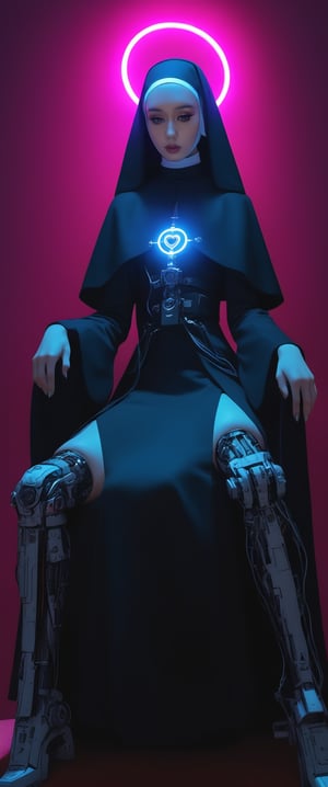 
 In a dimly lit, smoky cyberpunk club, a femme fatale cyborg nun sits solo A  cyborg nun girl (mechanical parts, mechanical joints) poses seductively sitting , spread legs in a smoky cyberpunk nightclub, . She forms a delicate heart shape around her middle finger, beckoning for connection as the foggy atmosphere and pulsating beats create an air of mystery. The dimly lit room's anime-inspired aesthetic shines through every detail, including the pulsing 'CTMAKER' neon lights framing her enigmatic face.
, ct-goeuun, ct-eujiiin