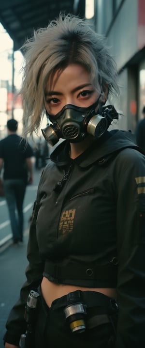 1 young and beautiful girl:1.2)), absurdres, (8k, best quality, masterpiece:1.2), professional photography, dramatic light, (finely detailed face:1.2),(((,There is a woman with white hair and  a gas mask  on the street, post apocalyptic Tokyo, set in post apocalyptic Tokyo, gloomy apocalyptic style, cyberpunk photo, anime style mixed with Fujifilm, Cyberpunk Hiroshima, hyperrealistic cyberpunk style, cyberpunk streetwear, cyberpunk grunge, en cyberpunk aesthetic, cyberpunk streets in japan, in cyberpunk style, cyberpunk horror style, in the cyberpunk city))),angry, latex uniform, eye angle view, ,aw0k nsfwfactory,aw0k magnstyle,danknis,sooyaaa,Anime,dlwlrma,