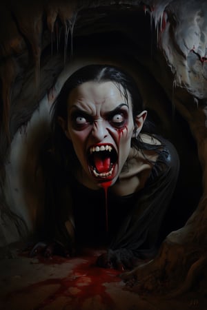 art by frank frazzeta, art by jiji ito, a masterpiece, stunning beauty, hyper-realistic oil painting, a fierce vampire, cave like dark chiarascuro lighting, dripping blood and sweat, messed up, ,monster,detailmaster2,beyond_the_black_rainbow,old style
