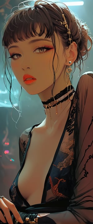 A femme fatale cyborg, mechanical parts, ((mechanical joints, mechanical)) sits solo in a smoky cyberpunk club, petting a snake  as it gazes directly at the viewer. Her short hair and bangs frame her striking features, adorned with jewelry and a black choker. She dons a revealing seethrough kimono, paired with Japanese-style earrings. A cigarette dangles from her lips as she exudes an air of sexy sophistication, surrounded by the dark, gritty atmosphere of Conrad Roset's style. txznmec,score_9,ct-virtual