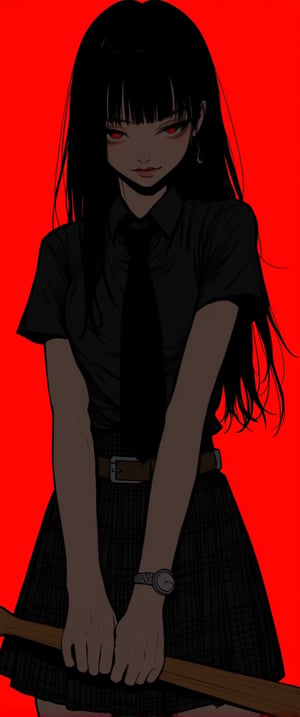 1girl, solo, long hair, looking at viewer, bangs, skirt, shirt, black hair, thighhighs, holding, jewelry, closed mouth, standing, short sleeves, cowboy shot, pleated skirt, earrings, necktie, collared shirt, belt, black thighhighs, blunt bangs, black skirt, black eyes, lips, plaid, black shirt, plaid skirt, black necktie, red background, watch, black belt, wristwatch, baseball bat masterpiece, best quality, amazing quality, very aesthetic, absurdres, depth of field,