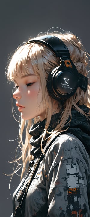 1girl, solo, long hair, bangs, blonde hair, simple background, closed eyes, upper body, white hair, parted lips, blunt bangs, grey background, from side, lips, profile, headphones, cablereal,realistic,real_life,chiarosaurio,dal-27,dal-1,ct-virtual