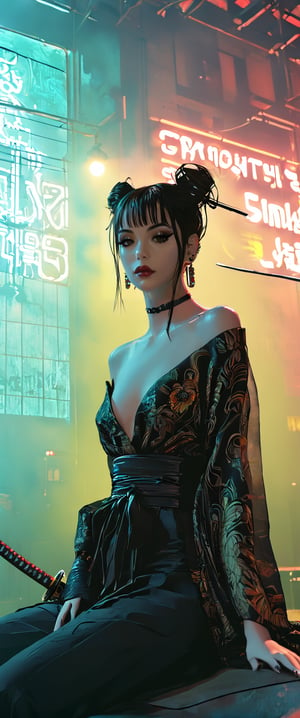 Prompt: In a dimly lit, smoky cyberpunk club, a femme fatale cyborg sits solo, her mechanical joints gleaming in the flickering light. Her striking features, framed by short hair and bangs, are adorned with jewelry and a black choker. she pets a snake that gazes directly at the viewer. She wears a revealing seethrough kimono, paired with Japanese-style earrings, and holds a katana surrounded by the dark, gritty atmosphere. Her gaze is sultry, exuding an air of sexy sophistication, as if inviting the viewer to enter her world. The scene is set in a Conrad Roset-inspired style, with a focus on dark, muted tones and industrial textures.,core_9,scary, (masterpiece:1.2),ct-virtual,dcas_lora
,comic book